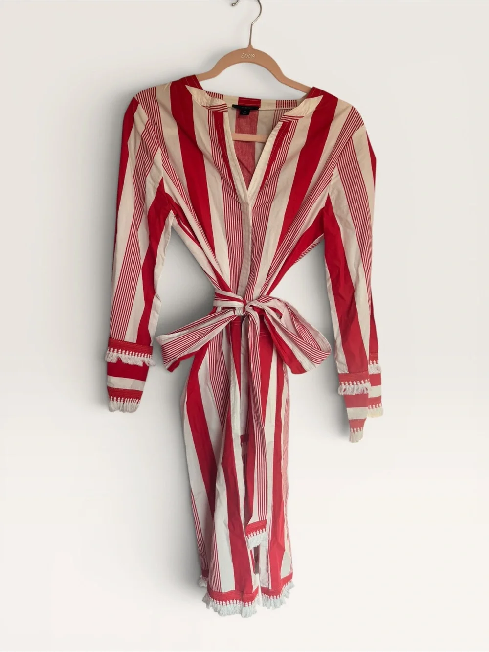 J. Crew Red and White Striped Midi Dress with Tie Waist
